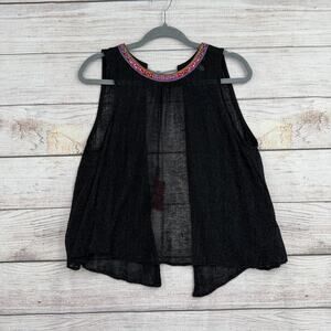 Eri + Ali BOHO Collar Semi Sheer Open Back Blouse Womens Small Black Tasseled